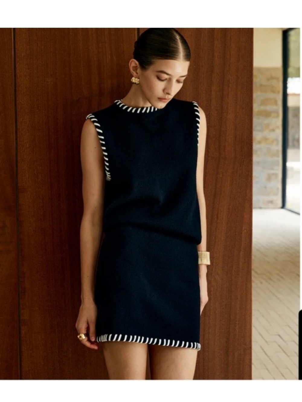 Commense Black Knit Skirt Set with White Contrast Stitching